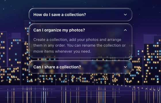 Three stacked accordion rows with the middle one expanded into a text panel, over a zoomed night skyline.