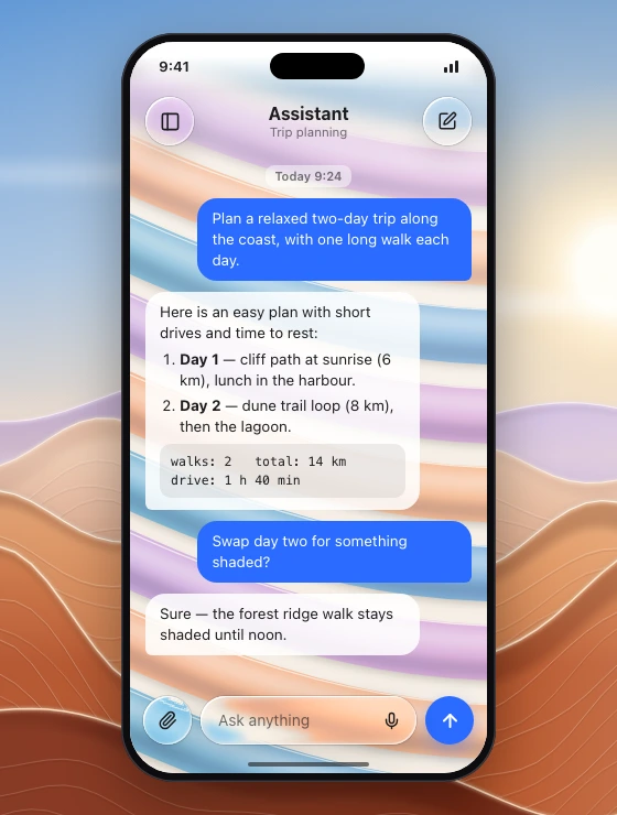 Phone AI assistant conversation over a curved-band wallpaper: glass corner buttons around a flat title with a soft blurred band at the top edge, a flat thread of solid blue user bubbles and near-opaque white replies with a code block, and a floating glass composer capsule between a round attach lens and a solid send button.