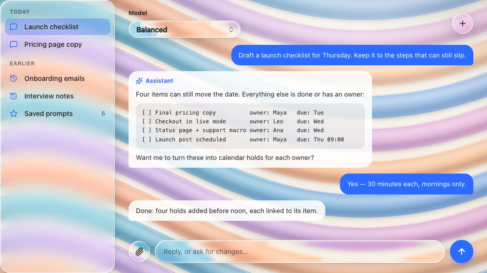 Desktop AI assistant window over a curved-band wallpaper: an edge-to-edge frosted sidebar of conversations, a glass model selector and new-chat lens, a flat thread of solid blue user bubbles and near-opaque white replies with a code block, and a floating glass composer between an attach lens and a solid send button.