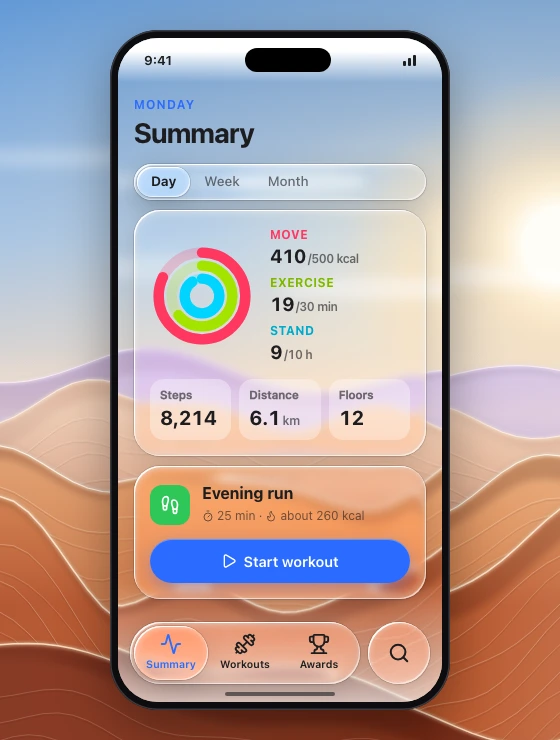 Phone fitness summary over full-bleed dunes: a glass segmented control, a glass card with flat activity rings, move, exercise and stand totals and three flat stat tiles, a glass workout card with one solid start button, and a floating tab bar.