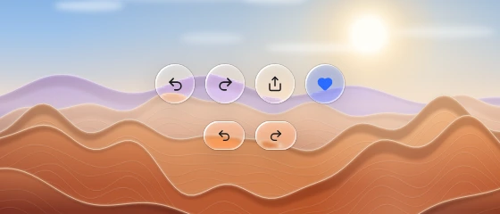 Round icon buttons and shorter capsule variants, including a selected heart over a procedural backdrop.