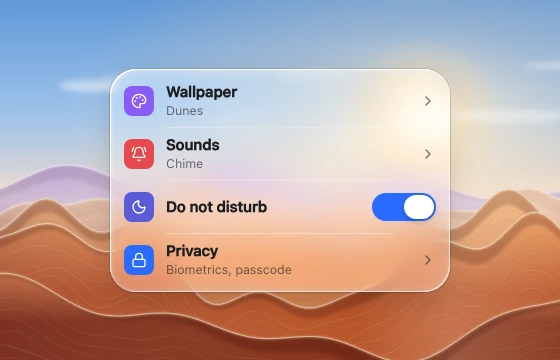 A grouped settings list with coloured icons, dividers, trailing details and a switch over a procedural backdrop.