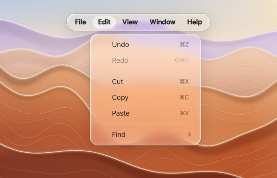 A desktop menu strip with one item open into a dropdown of shortcuts, dividers and disabled items, over zoomed desert ridges.