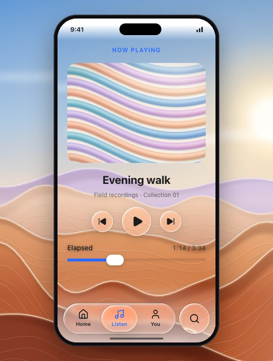 Mobile audio player on full-bleed dune artwork, with album art, glass playback controls, a scrubber and a floating tab bar with a separate search lens.