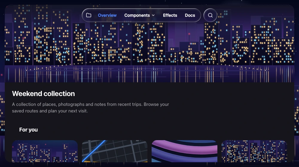 A collection page whose hero of a zoomed night skyline carries a floating capsule navigation bar and a separate round search button.
