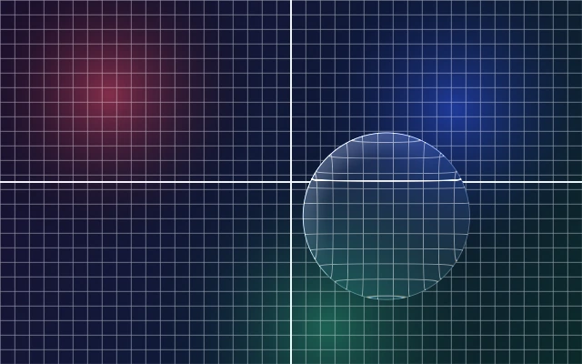 A convex circular lens over a dark calibration grid, bending the lines at its rim.