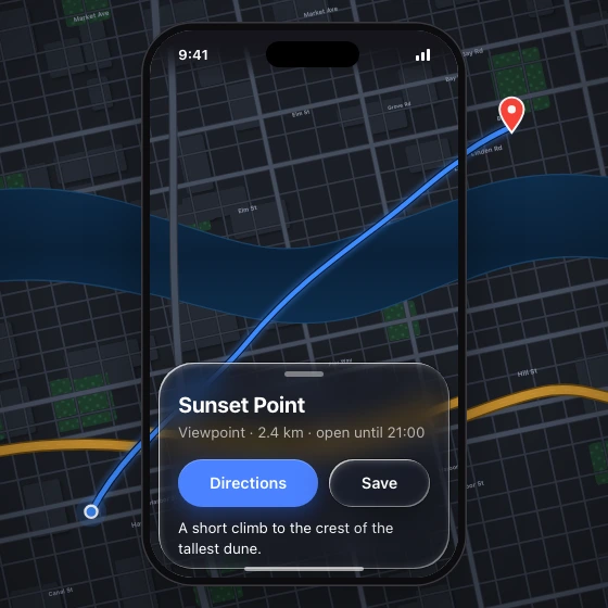A floating bottom sheet with a grabber, a title, two actions and a short body line, over a dark street map with a route inside a phone frame.