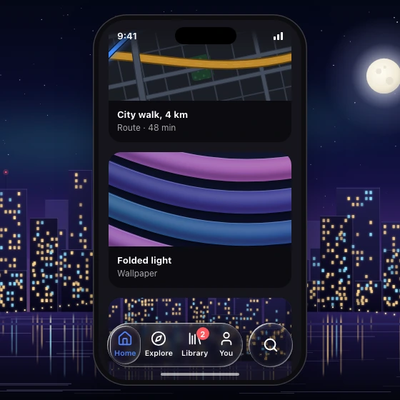 A dark phone feed with a night-city photo scrolling under an inset floating tab bar, with a selected pill and a separate search lens.