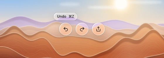 A small shortcut tooltip floating above the first of three round icon buttons, over zoomed desert ridges.