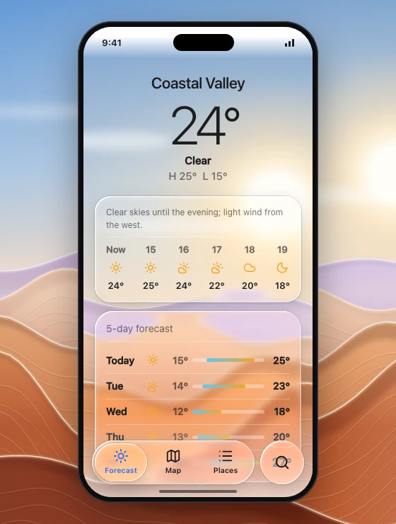 Phone weather screen over full-bleed dunes: large flat place, temperature and condition text on the sky, a glass hourly strip, a glass five-day card with flat gradient range bars scrolling under a floating tab bar.