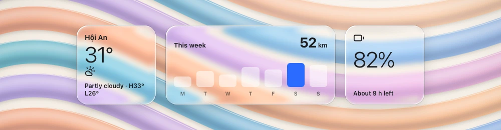 Weather, weekly activity chart and battery widgets side by side over a procedural backdrop.