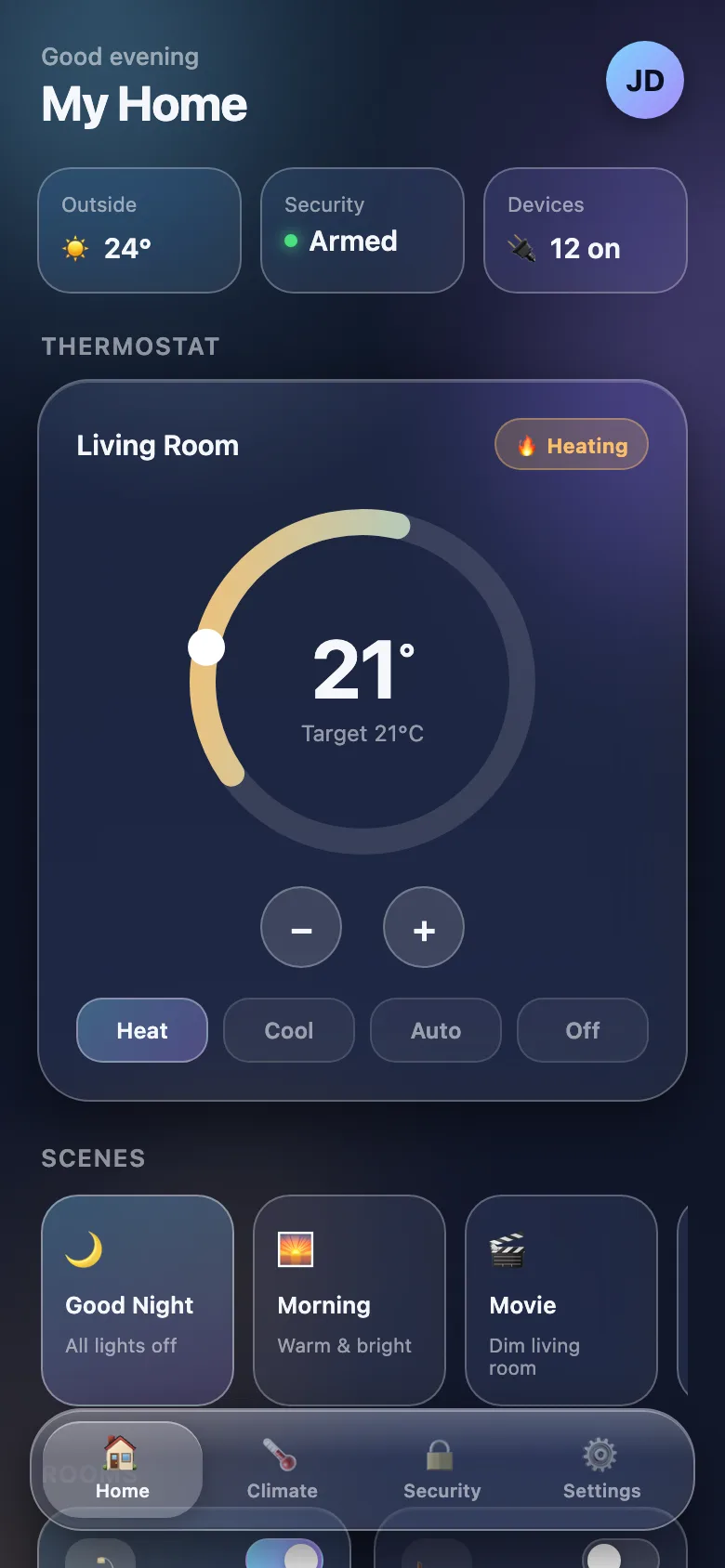 Smart-home dashboard built without Meniscus: frosted cards with uniform white borders over dark blobs, emoji icons, a frosted tab bar.